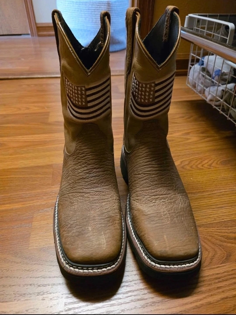 J.B. Dillon Brown Leather Cowboy Boots with Flag Stitching